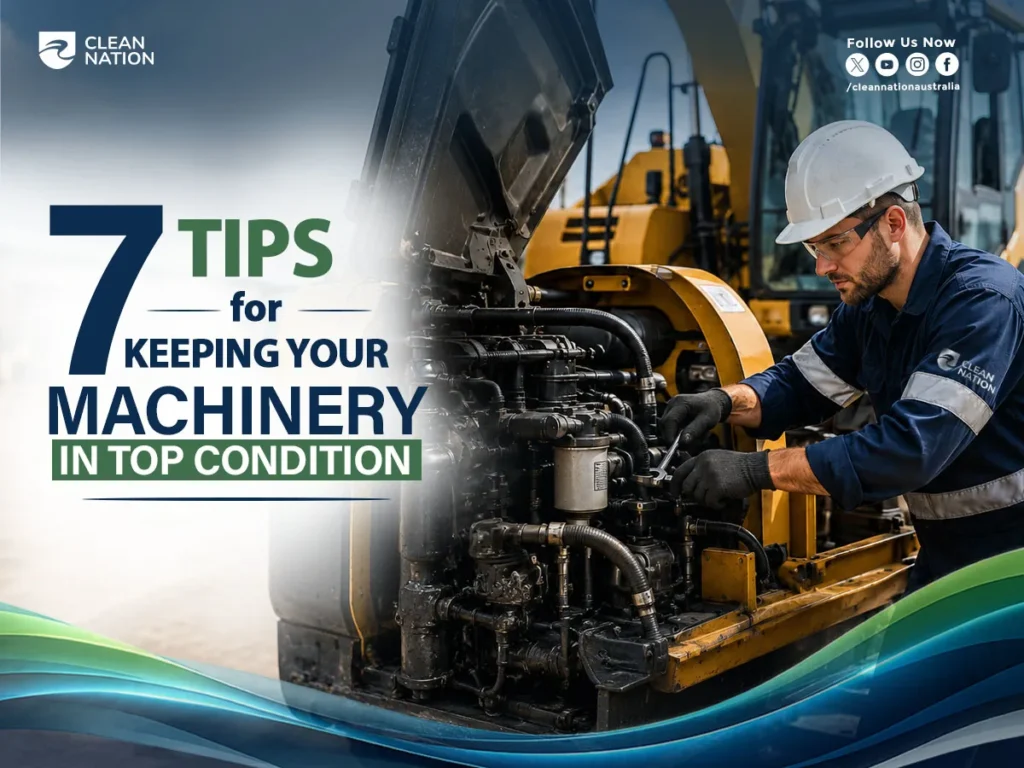 A maintenance technician wearing a hard hat, safety glasses, and gloves inspects and repairs the engine of a large construction machine with its hood open. The graphic features the headline "7 Tips for Keeping Your Machinery in Top Condition", highlighting the importance of regular machinery maintenance, inspections, and proper servicing to improve performance, reduce downtime, and extend equipment lifespan.