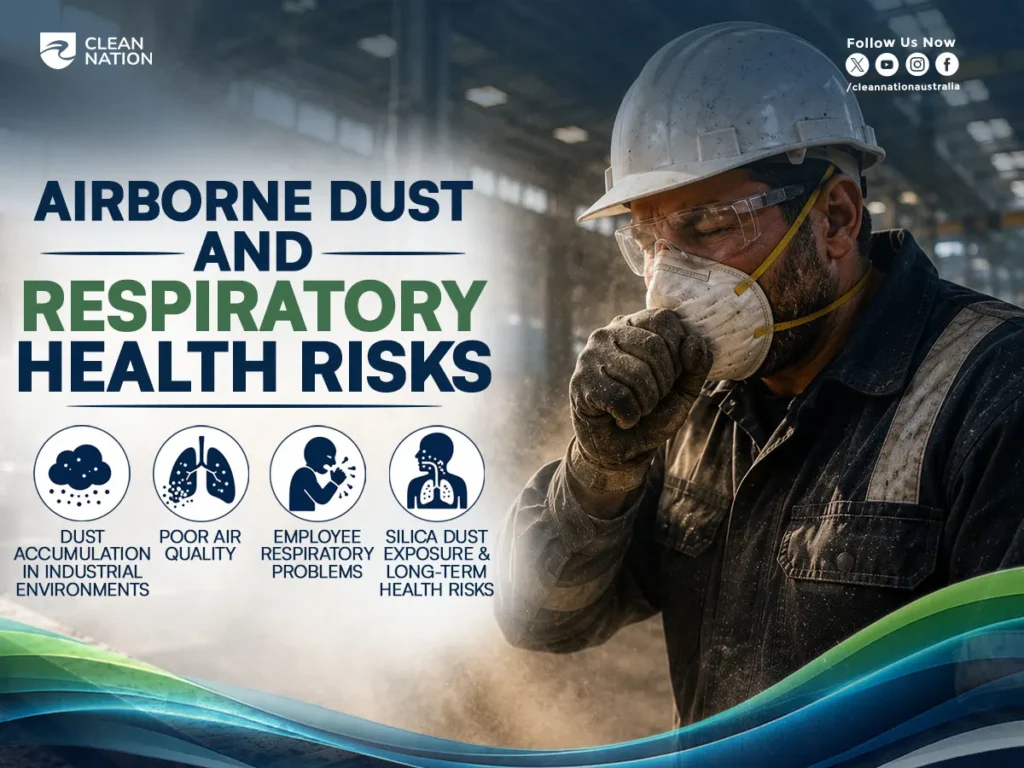 Infographic highlighting the Hidden Dangers of Poor Industrial Cleaning, showing an industrial worker wearing a hard hat, safety glasses, and a respirator in a dusty factory. The graphic emphasizes airborne dust, poor air quality, employee respiratory problems, and silica dust exposure, demonstrating how inadequate industrial cleaning can create serious long-term health and workplace safety risks.