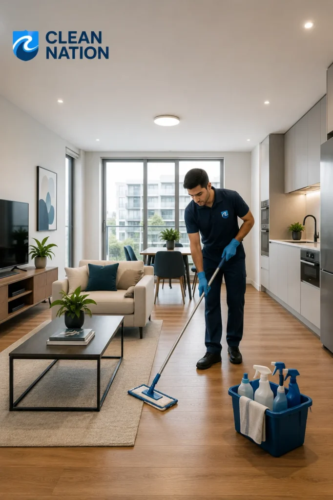 Apartment cleaning process with professional cleaning services for a spotless and hygienic home.