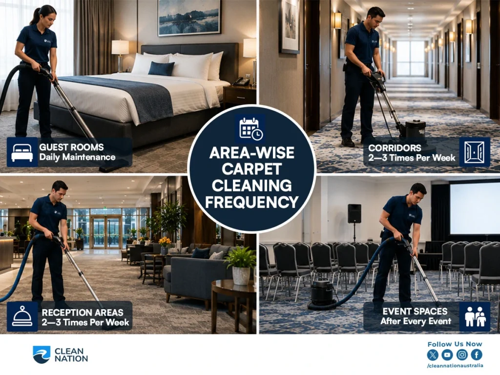How Often Are Hotel Carpets Cleaned? Area-wise hotel carpet cleaning frequency guide showing guest rooms cleaned daily, corridors and reception areas cleaned 2–3 times per week, and event spaces cleaned after every event.