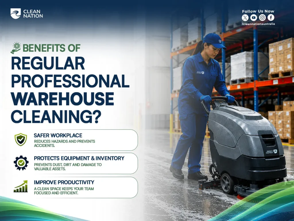 A professional warehouse cleaner uses an industrial floor scrubber in a storage facility, highlighting the benefits of regular warehouse cleaning, including improved workplace safety, protected equipment and inventory, and increased productivity, while answering How Often Should Warehouses Be Professionally Cleaned?
