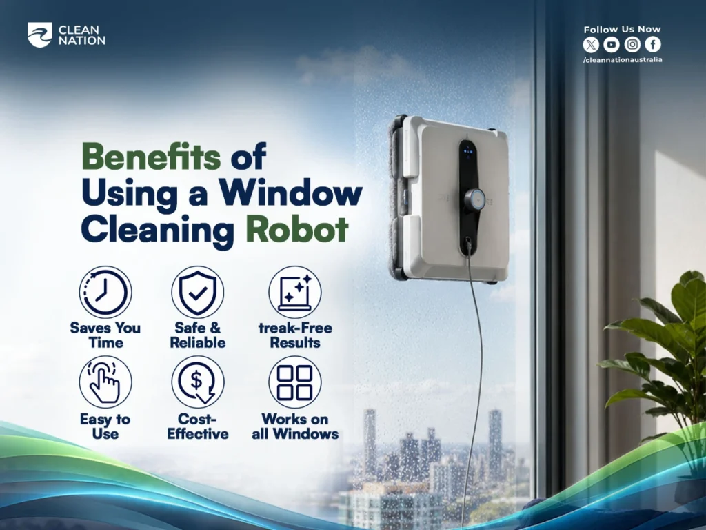 A robotic window cleaner attached to a large glass window demonstrates the benefits of automated window cleaning, including saving time, safe and reliable operation, streak-free results, ease of use, cost-effectiveness, and compatibility with different window types, showing How Do Window Cleaning Robots Work? in both residential and commercial settings.
