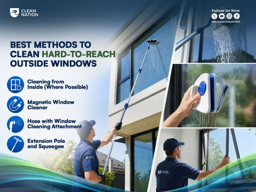 An infographic shows multiple safe techniques for How to Clean Outside Windows You Can't Reach?, including using an extension pole with a squeegee, a magnetic window cleaner, a hose with a window-cleaning attachment, and cleaning from inside where possible for high exterior windows.