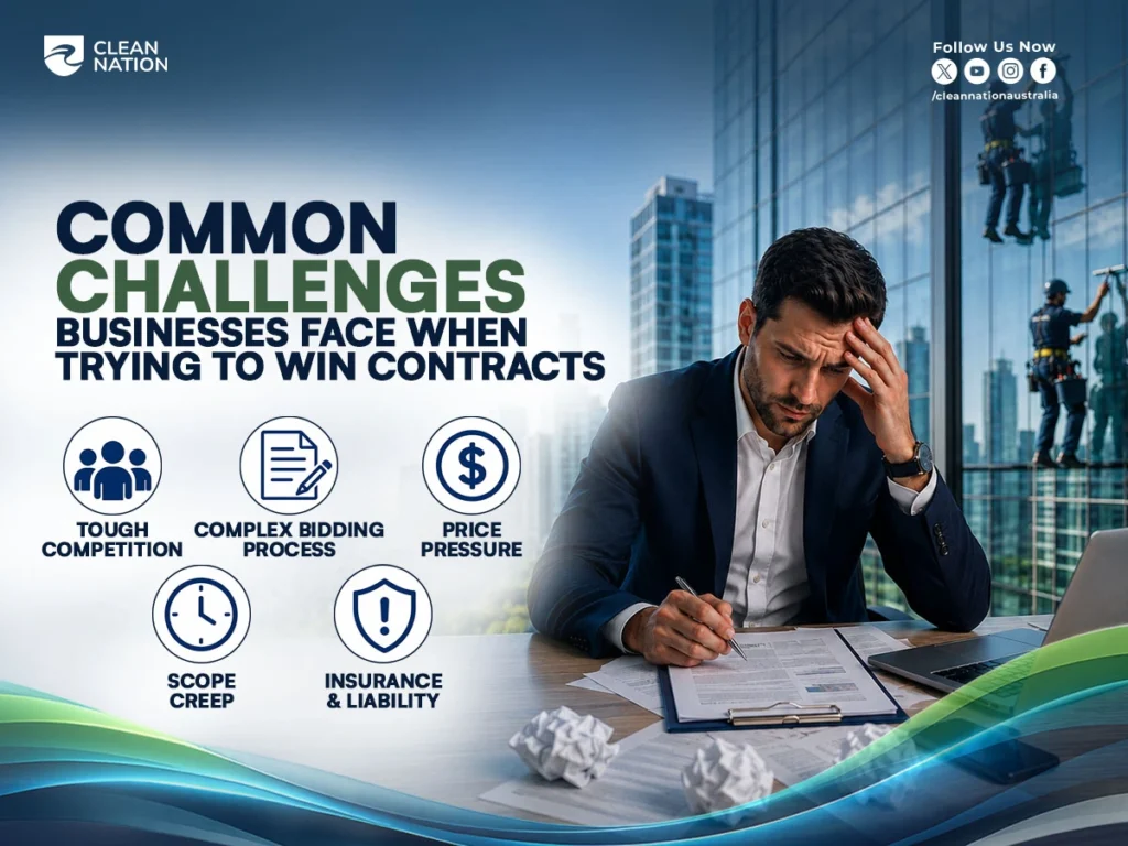 Business owner reviewing contract documents with a concerned expression while professional window cleaners work on a glass office building in the background. The graphic highlights common challenges such as tough competition, complex bidding, price pressure, scope creep, and insurance, explaining "How to Get Commercial Window Cleaning Contracts?" through Clean Nation branding.