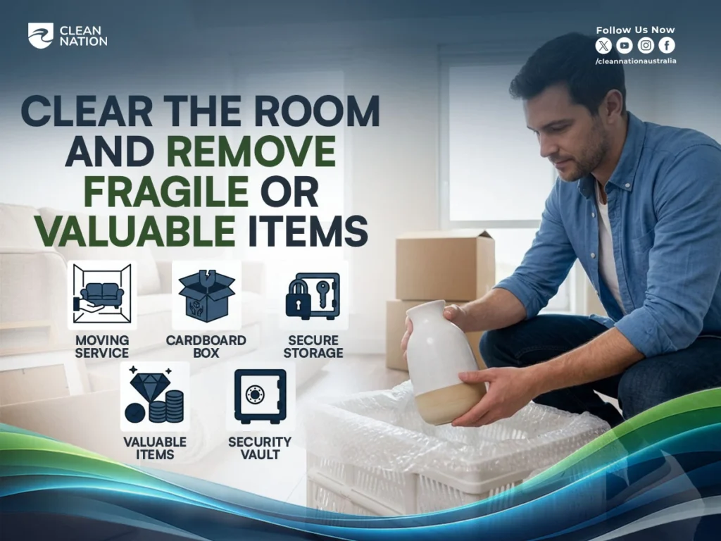 What Should I Do Before Professional Carpet Cleaning? Clear the room by removing fragile or valuable items before professional carpet cleaning, as a homeowner carefully packs a decorative vase into a protective storage box to keep belongings safe during the cleaning process.