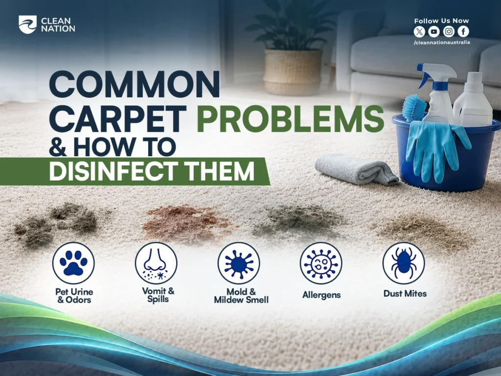 How to Disinfect Carpets Without a Steam Cleaner? Carpet with pet urine stains, spills, mold, allergens, and dust mites alongside cleaning supplies, showing common carpet problems and effective household cleaning methods.