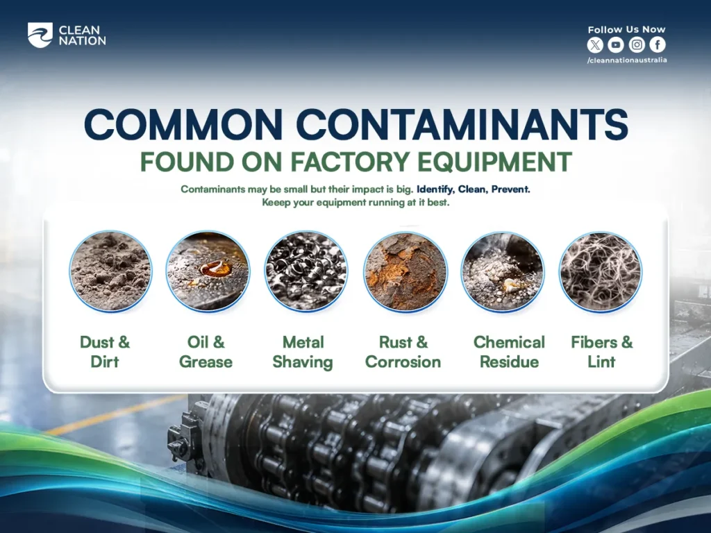 An infographic displays common contaminants found on factory equipment, including dust and dirt, oil and grease, metal shavings, rust and corrosion, chemical residue, and fibers and lint, with industrial machinery shown in the background. The image explains Why Equipment Cleaning Matters in Manufacturing Plants? by highlighting the contaminants that can reduce equipment performance, increase wear, and impact workplace safety if not removed regularly.