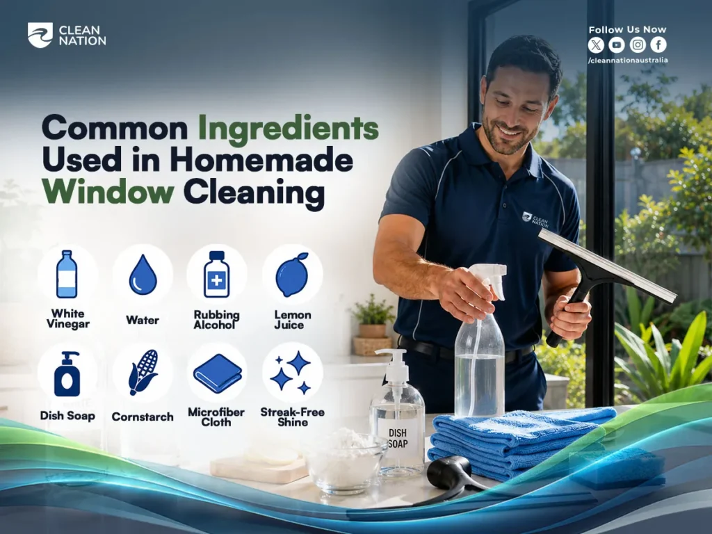 The Best Homemade Window Cleaning Solution ingredients including white vinegar, water, rubbing alcohol, lemon juice, dish soap, cornstarch, and a microfiber cloth, with a professional cleaner preparing a homemade window cleaner and holding a squeegee.