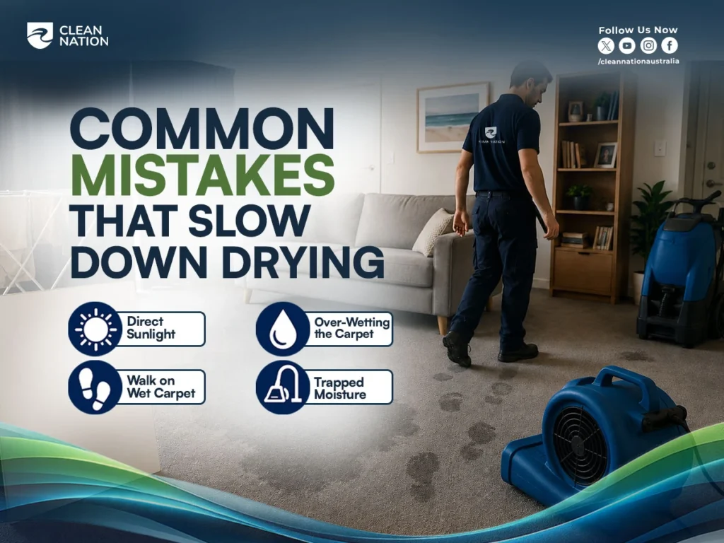 Professional carpet cleaning technician standing in a living room with air movers and drying equipment, highlighting common mistakes that slow carpet drying, including direct sunlight, over-wetting, walking on wet carpet, and trapped moisture. This visual explains How Long Does it Take Carpet to Dry After Cleaning? and the factors that can affect the drying time.