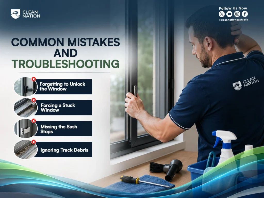 A professional window cleaner inspects a sliding window while an infographic highlights common mistakes such as forgetting to unlock the window, forcing a stuck window, missing sash stops, and ignoring track debris. The image supports How to Remove a Sliding Window for Cleaning? by showing common removal mistakes to avoid for a safe and effective cleaning process.