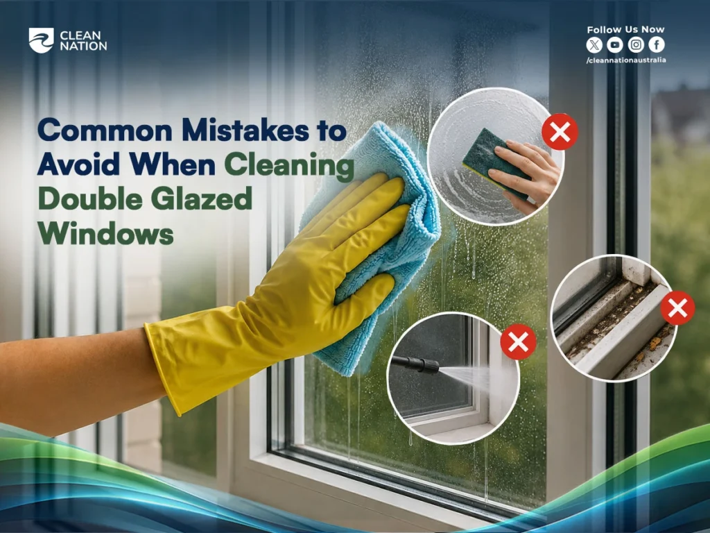 A person cleans a double glazed window with a microfiber cloth while highlighting common mistakes to avoid, such as using abrasive scrubbers, pressure washers, and leaving dirty window tracks, as part of How to Clean Double Glazed Windows?