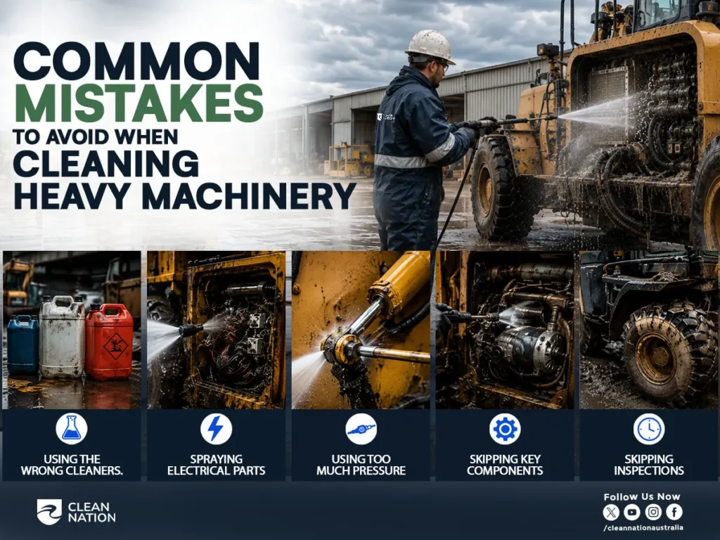 A worker wearing safety gear uses a pressure washer to clean heavy construction machinery while an infographic highlights common cleaning mistakes. The image explains How to Clean Heavy Machinery? by showing practices to avoid, including using the wrong cleaners, spraying electrical parts, applying excessive pressure, skipping key components, and neglecting routine inspections to protect equipment performance and longevity.