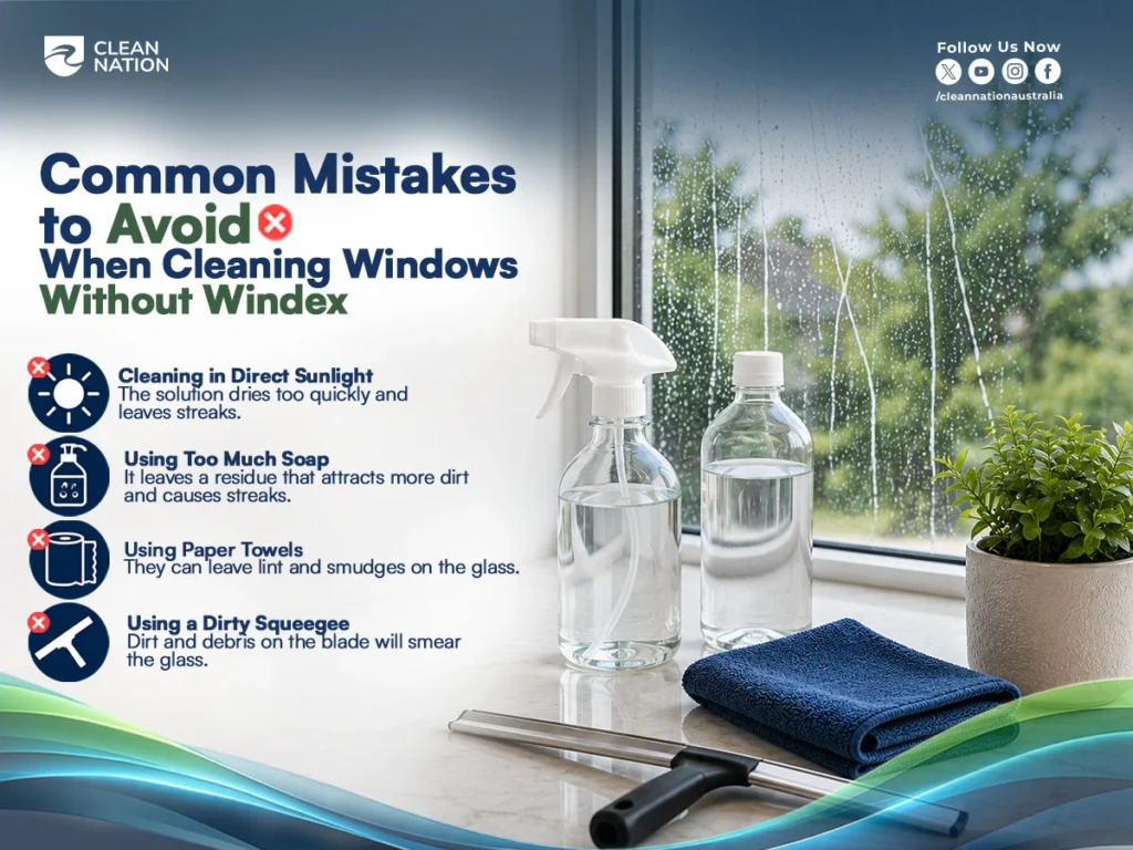 A bright windowsill with a spray bottle, cleaning solution, microfiber cloth, and squeegee placed beside a window covered in soap streaks. The graphic highlights common mistakes to avoid when cleaning windows without Windex, including cleaning in direct sunlight, using too much soap, using paper towels, and using a dirty squeegee. It provides helpful visual guidance for anyone wondering How to Clean a Window Without Windex? while aiming for a streak-free finish.