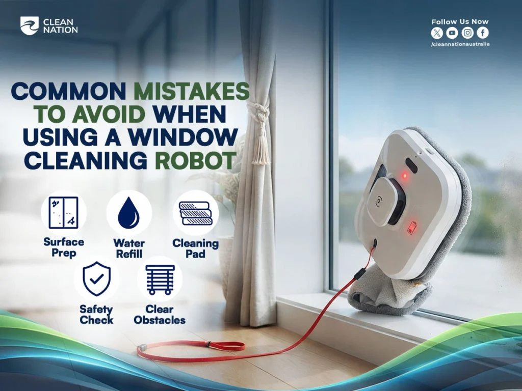 Infographic showing a robotic window cleaner attached to a glass window with reminders to avoid common mistakes such as skipping surface preparation, forgetting to refill the water tank, using dirty cleaning pads, ignoring safety checks, and leaving obstacles in the way, helping explain How Do Window Cleaning Robots Work? for safe and effective window cleaning.