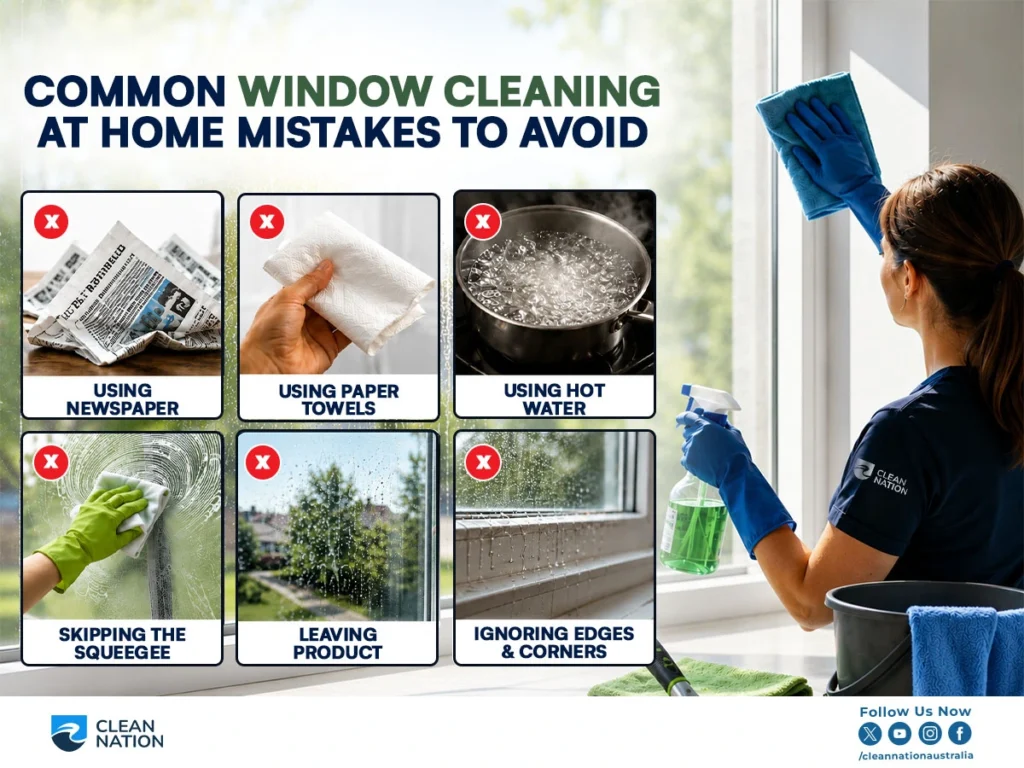 A Clean Nation infographic highlighting common mistakes to avoid when learning How to Clean Windows Professionally at Home?, including using newspaper, paper towels, hot water, skipping the squeegee, leaving excess cleaning product, and ignoring window edges and corners, alongside a person cleaning a window with a microfibre cloth and spray bottle.