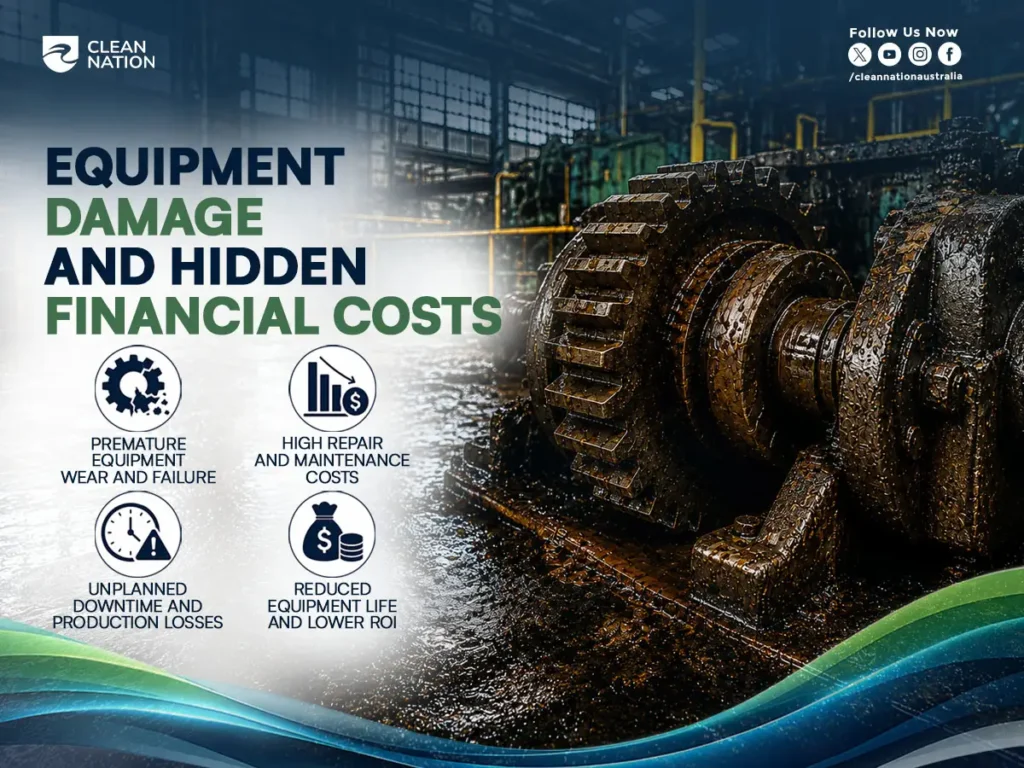 Infographic illustrating the Hidden Dangers of Poor Industrial Cleaning, featuring large industrial machinery covered in grease and grime inside a factory. The graphic highlights equipment damage, premature wear and failure, high repair and maintenance costs, unplanned downtime, production losses, and reduced equipment lifespan caused by inadequate industrial cleaning.