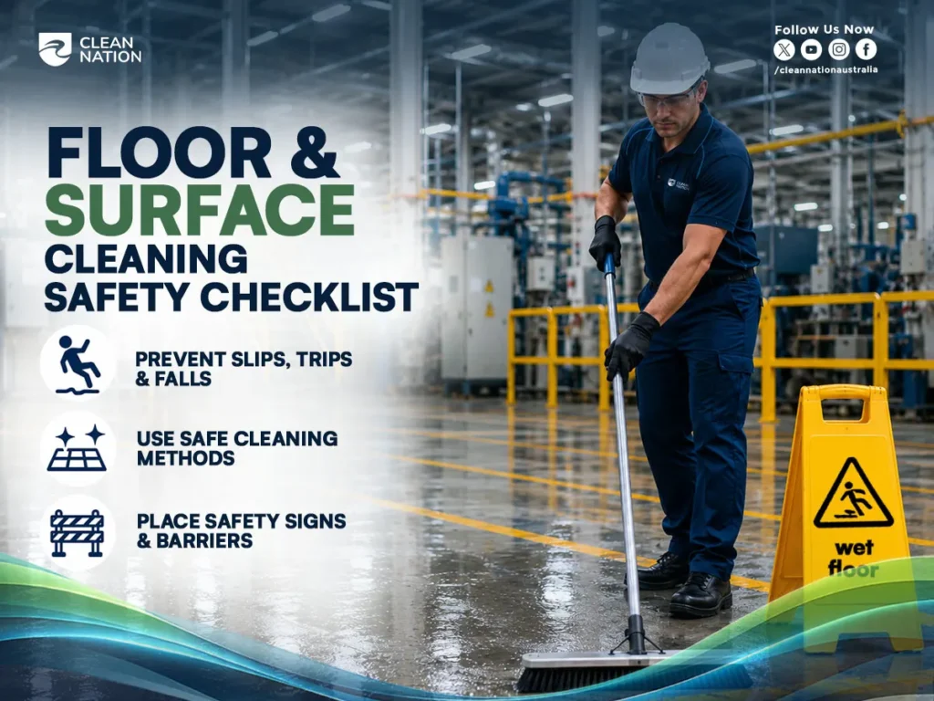 An infographic featuring an Industrial Workspace Cleaning Safety Checklist, showing a cleaning professional in PPE mopping a warehouse floor beside a wet floor warning sign. The graphic highlights key floor and surface cleaning safety practices, including preventing slips, trips and falls, using safe cleaning methods, and placing safety signs and barriers to maintain a safe industrial workspace.
