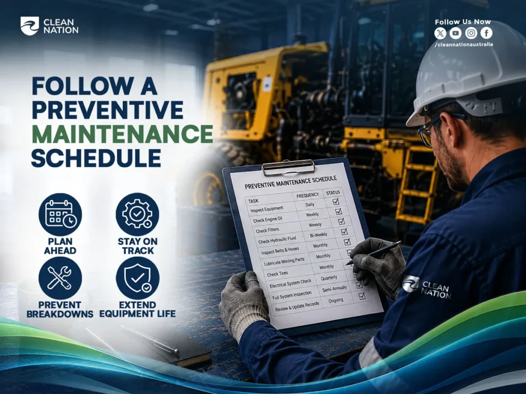 A maintenance technician wearing a hard hat and safety gloves reviews a preventive maintenance checklist on a clipboard while inspecting heavy industrial machinery inside a workshop. The graphic promotes "7 Tips for Keeping Your Machinery in Top Condition" by emphasizing the importance of following a preventive maintenance schedule to plan ahead, prevent breakdowns, stay on track with servicing, and extend equipment life.