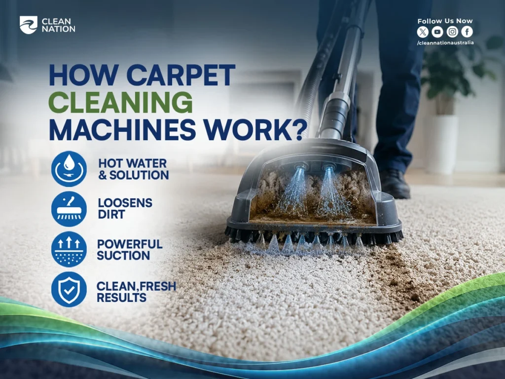 What is the Best Homemade Carpet Cleaning Solution For Machines? Professional carpet cleaning machine using hot water extraction and powerful suction to lift dirt and deep-clean a light-colored carpet, leaving it fresh, clean, and restored.
