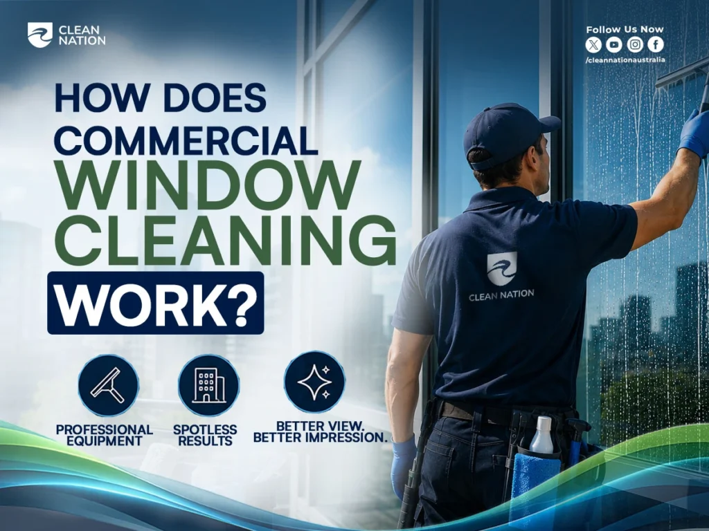 Professional cleaner using a squeegee to wash a large commercial office window, demonstrating What Is Commercial Window Cleaning? with professional equipment for spotless results, improved visibility, and a better first impression for businesses.