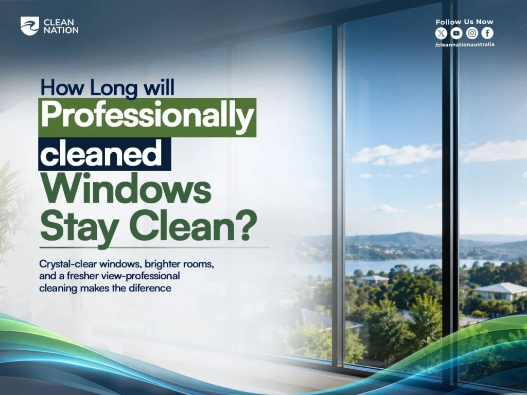 Promotional graphic featuring large, crystal-clear windows overlooking a scenic landscape, highlighting the lasting results of professional window cleaning. The image answers What to Expect After Professional Window Cleaning? by showcasing spotless glass, brighter natural light, and a cleaner, fresher indoor space.