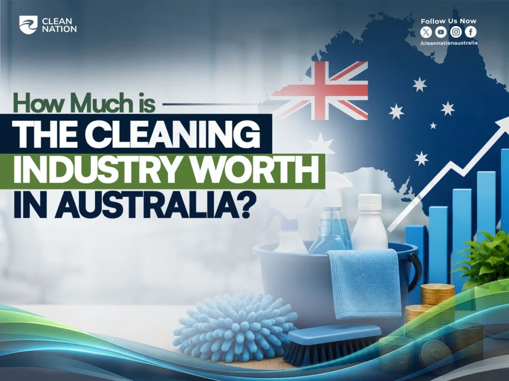 Infographic illustrating How Much Is the Cleaning Industry Worth in Australia? with cleaning supplies, a bucket, spray bottles, a microfiber duster, brush, stacked coins, a rising bar graph, and the Australian map with the national flag, symbolizing the growth and economic value of Australia's cleaning industry.