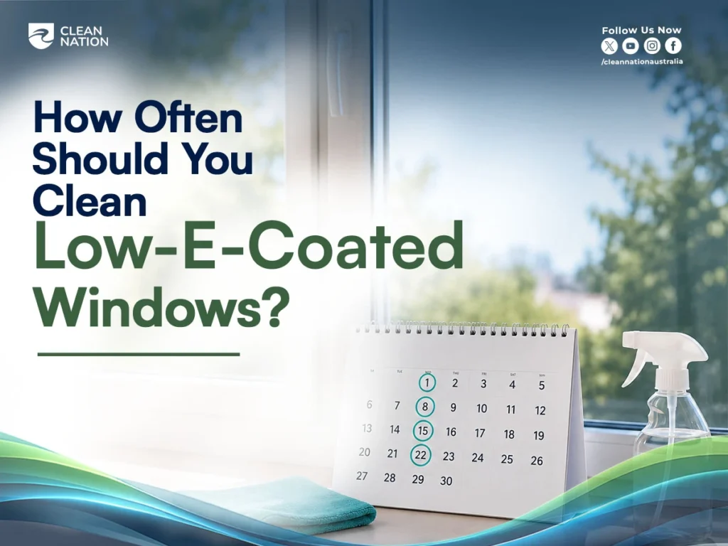 A calendar, spray bottle, microfiber cloth, and Low-E coated window illustrate the recommended cleaning schedule and How to Clean Low-E Coating from Window Glass? using safe, gentle methods to preserve the protective coating and keep the glass streak-free.