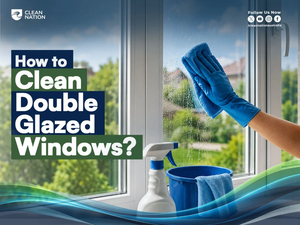 A person wearing blue gloves wipes a double glazed window with a microfiber cloth beside a spray bottle and cleaning bucket, illustrating How to Clean Double Glazed Windows? safely and effectively.