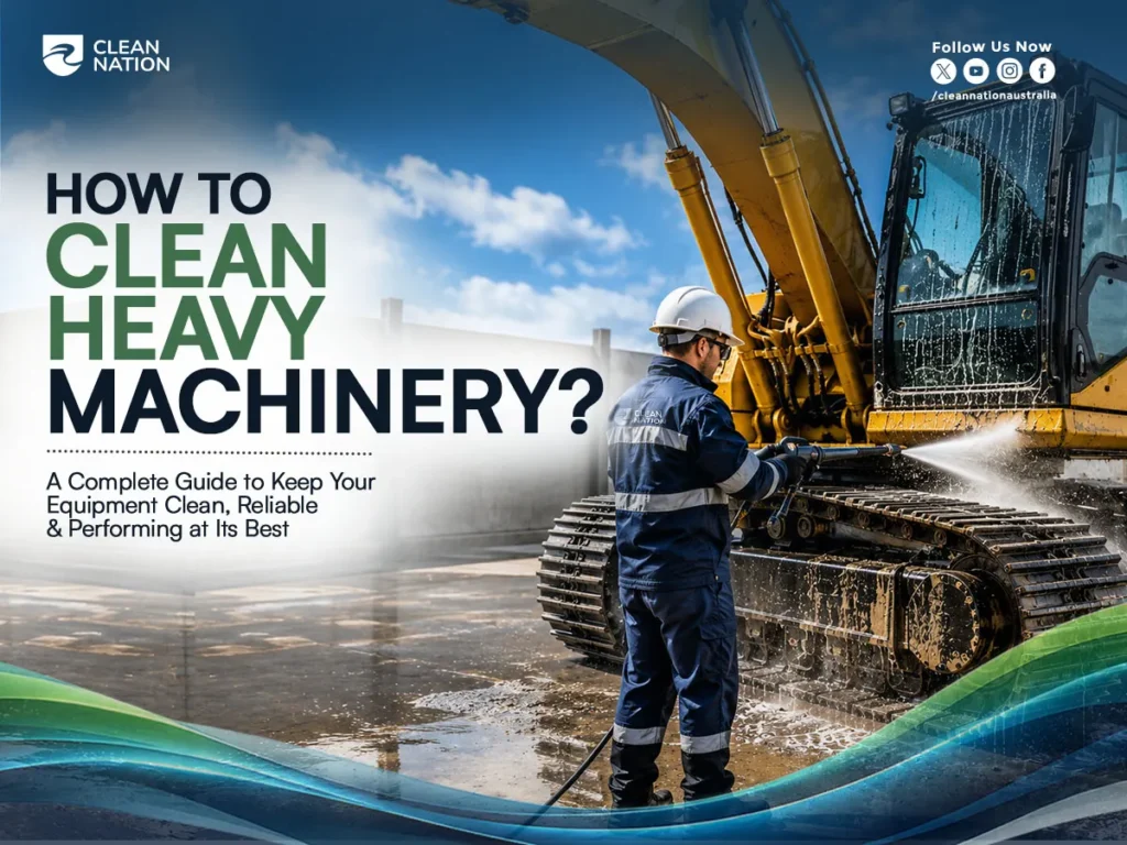 A worker wearing protective safety gear uses a high-pressure washer to clean a large excavator at an industrial site, removing dirt and grime from the tracks and body. The image illustrates How to Clean Heavy Machinery? with a focus on proper equipment maintenance, industrial cleaning, and keeping heavy machinery reliable and performing at its best.