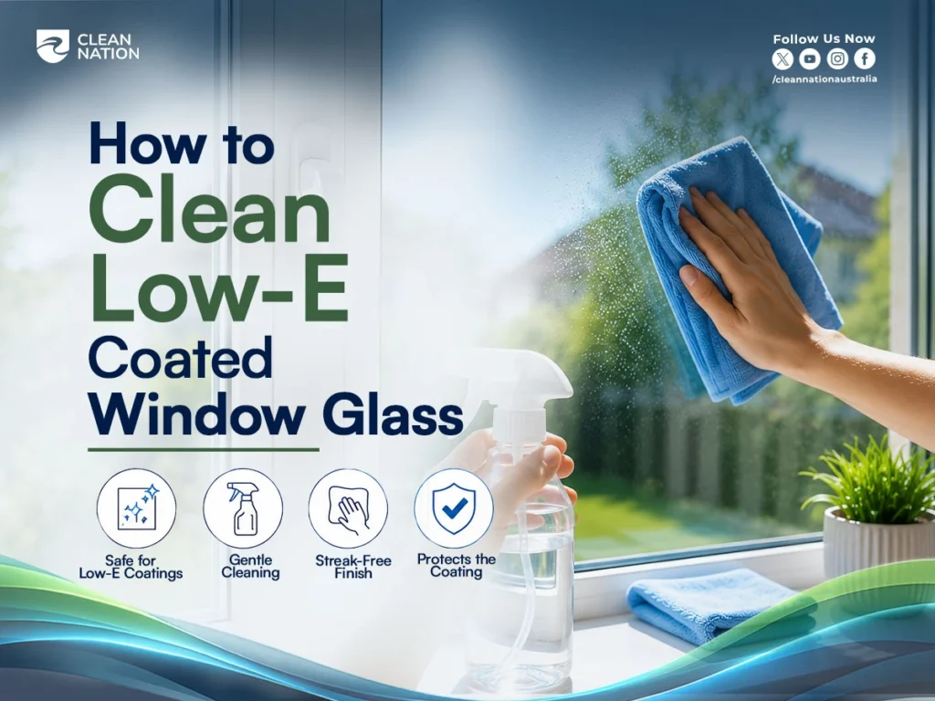 A person cleans a Low-E coated window with a microfiber cloth and spray bottle, demonstrating How to Clean Low-E Coating from Window Glass? using gentle cleaning methods that protect the coating while leaving a streak-free finish.