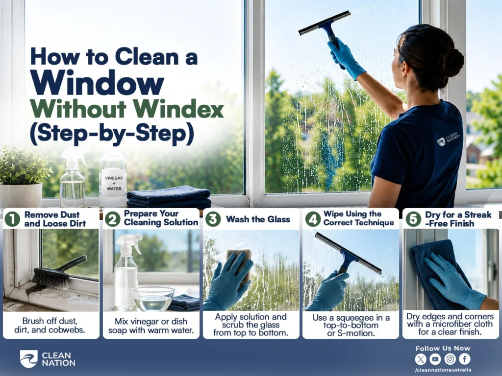 Step-by-step infographic showing How to Clean a Window Without Windex? A person uses a squeegee to clean a large window while the guide explains five steps: remove dust and loose dirt, prepare a vinegar or dish soap cleaning solution, wash the glass, wipe with the correct squeegee technique, and dry the edges with a microfibre cloth for a streak-free finish.