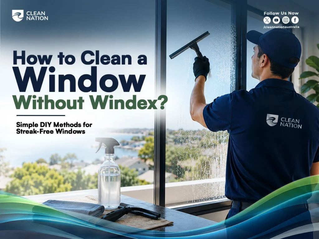 A Clean Nation professional uses a squeegee to clean a large glass window while a spray bottle, cloth, and window cleaning tools sit nearby on a table. The image illustrates How to Clean a Window Without Windex? using simple DIY methods to achieve streak-free, crystal-clear windows with natural cleaning solutions.