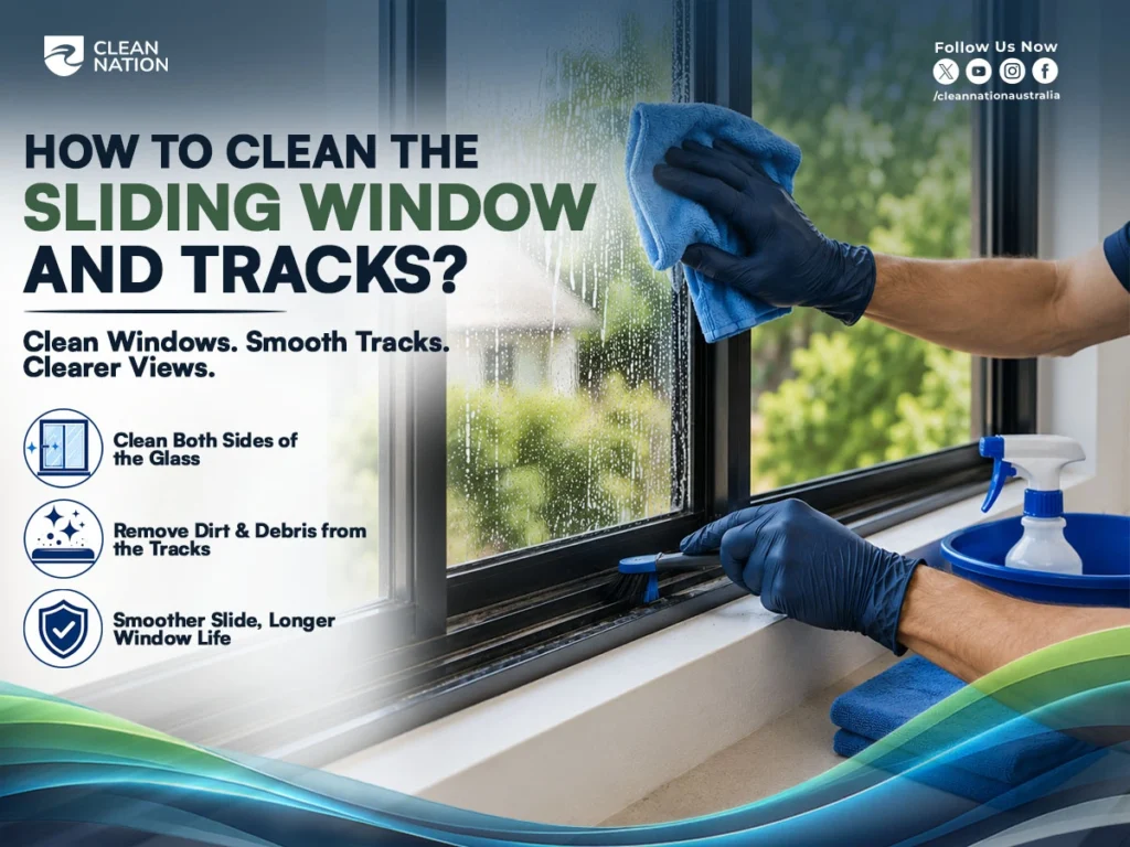 A professional window cleaner wipes a sliding window while brushing dirt and debris from the window tracks using cleaning tools for a thorough clean. The image complements How to Remove a Sliding Window for Cleaning? by showing the proper way to clean the glass and tracks after safely removing the window for better performance and clearer views.