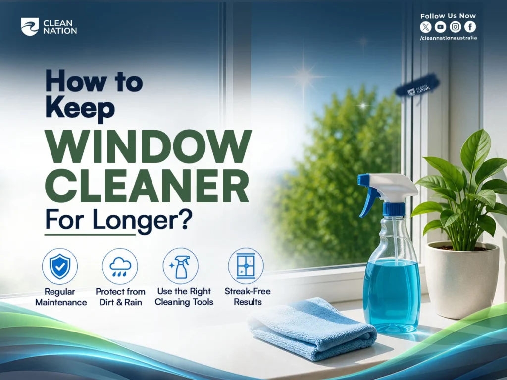 A spray bottle of window cleaner and a folded microfiber cloth sit beside a bright, spotless window with a potted plant, highlighting Tips for Efficiently Cleaning Windows through regular maintenance, proper cleaning tools, and methods for long-lasting streak-free results.