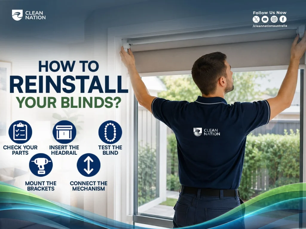 How to Remove Window Blinds for Cleaning? Follow this step-by-step guide showing a professional safely removing a roller blind by releasing the brackets, taking down the blind, removing the mounting hardware, and storing the parts for easy reinstallation.