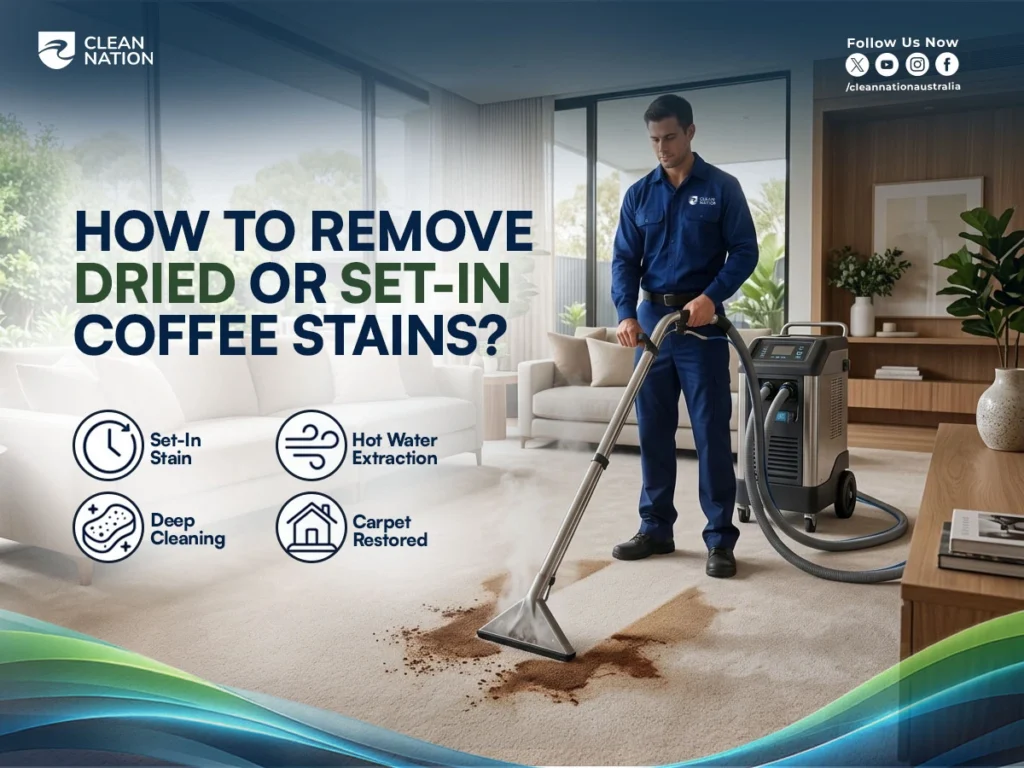Professional cleaner using hot water extraction to remove a dried coffee stain from a light-colored carpet, showing How to Get Coffee Stains Out of a Carpet? with deep cleaning for set-in stains.