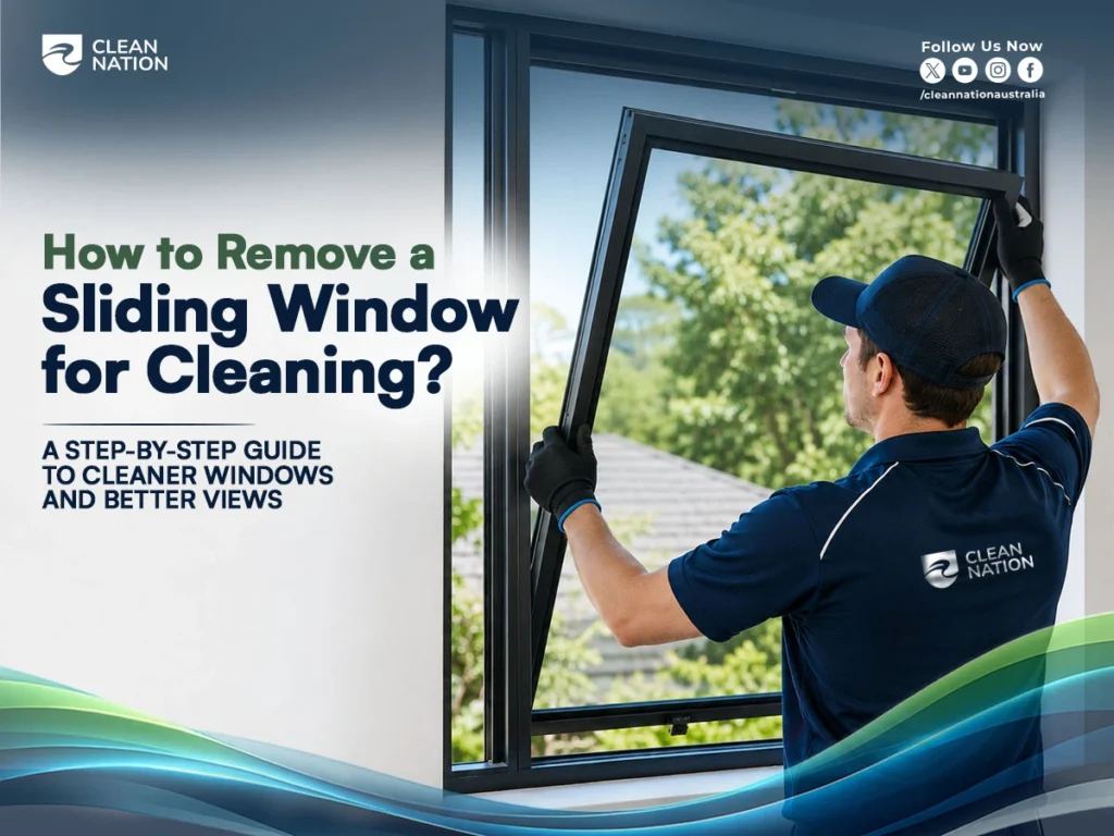 A professional window cleaner wearing gloves carefully removes a sliding window from its frame inside a home, demonstrating How to Remove a Sliding Window for Cleaning? The image highlights the safe removal process for thorough window cleaning and improved access to both sides of the glass.