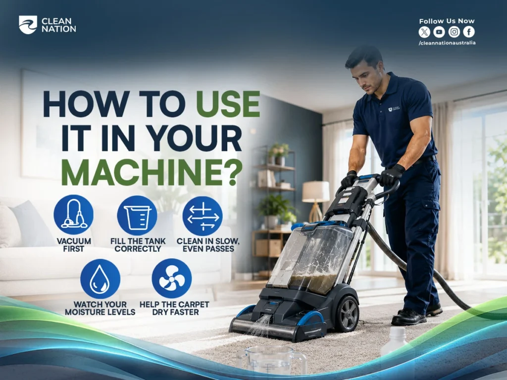 What is the Best Homemade Carpet Cleaning Solution For Machines? Step-by-step guide showing a professional using a carpet cleaning machine, with tips to vacuum first, fill the tank correctly, clean in slow passes, monitor moisture levels, and help carpets dry faster for the best results.