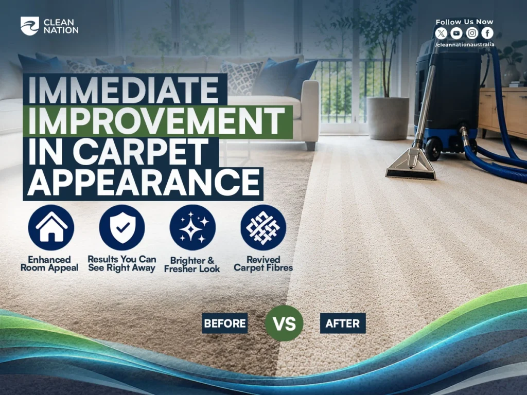 What Results Can You Expect From the Best Carpet Cleaning Service? This before-and-after image shows how professional carpet cleaning can instantly improve carpet appearance by restoring colour, refreshing carpet fibres, and making the room look cleaner and brighter.