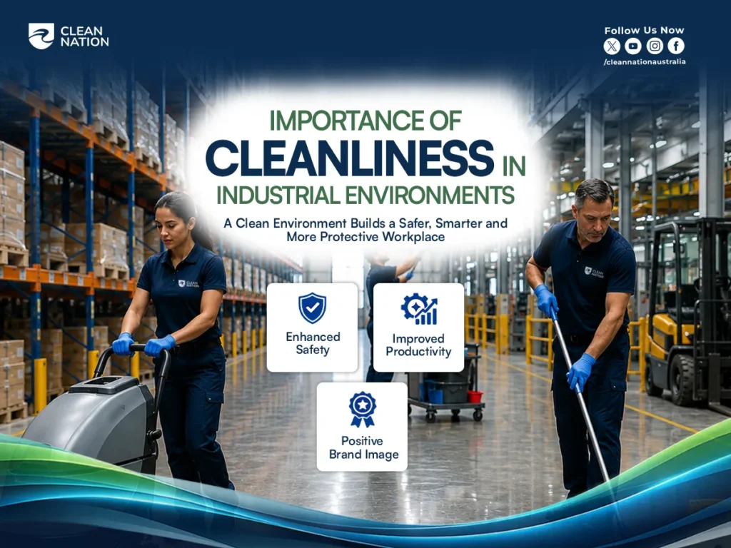 Professional cleaners maintain a large warehouse and industrial facility using floor cleaning equipment and mops, while a promotional graphic highlights the importance of cleanliness in industrial environments with benefits including enhanced safety, improved productivity, and a positive brand image, illustrating the Main Role of Cleaning in Factory Hygiene in creating a safer, cleaner, and more efficient workplace.