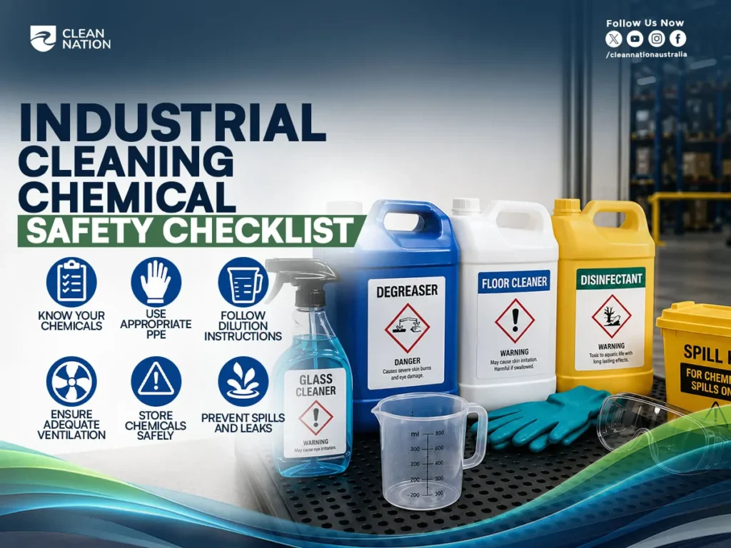 An infographic showing an Industrial Workspace Cleaning Safety Checklist with labelled industrial cleaning chemicals, including degreaser, floor cleaner, disinfectant, and glass cleaner, alongside PPE gloves, a measuring jug, and a chemical spill kit. The checklist highlights key safety practices such as knowing your chemicals, using appropriate PPE, following dilution instructions, ensuring adequate ventilation, storing chemicals safely, and preventing spills and leaks in an industrial workspace.