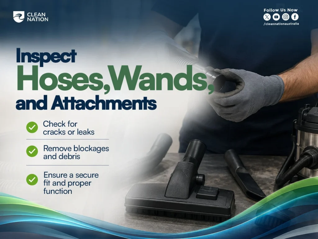 A technician inspects the hose, wand, and vacuum attachments of an industrial cleaning vacuum, checking for cracks, leaks, blockages, and secure connections. This image illustrates one of the 8 Tips to Care for Your Industrial Cleaning Vacuum, emphasizing routine inspection to maintain optimal performance, safety, and equipment reliability.