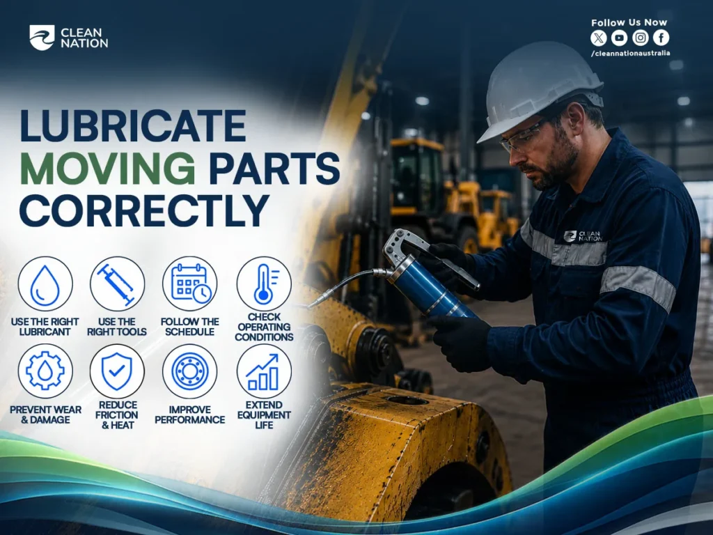 A maintenance technician wearing a hard hat, safety glasses, and protective gloves lubricates the moving parts of heavy construction machinery with a grease gun inside an industrial workshop. The graphic supports "7 Tips for Keeping Your Machinery in Top Condition" by highlighting proper lubrication practices to reduce friction, prevent wear and damage, improve performance, and extend equipment life.