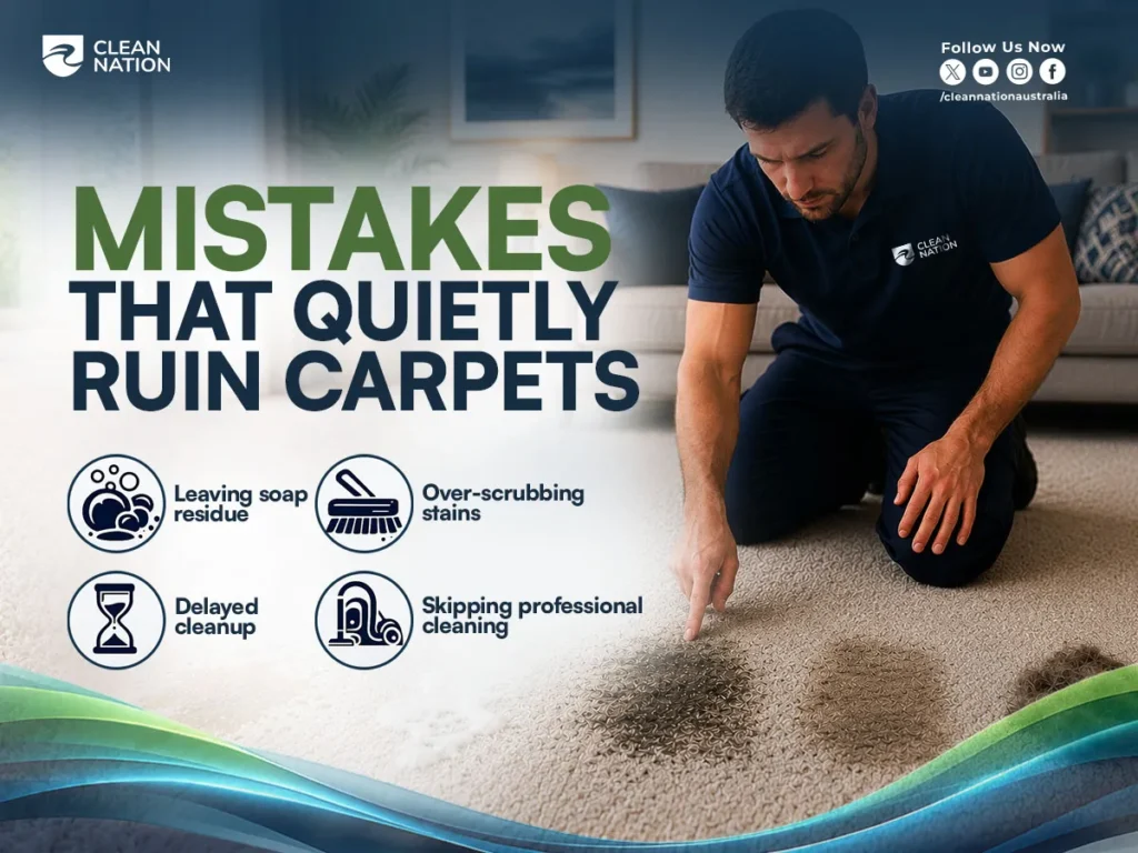 Clean Nation graphic showing a technician inspecting stained carpet while highlighting common carpet care mistakes. If you're wondering, "How Do I Keep My Carpet Looking New?", avoid leaving soap residue, over-scrubbing stains, delaying cleanup, and skipping professional carpet cleaning.