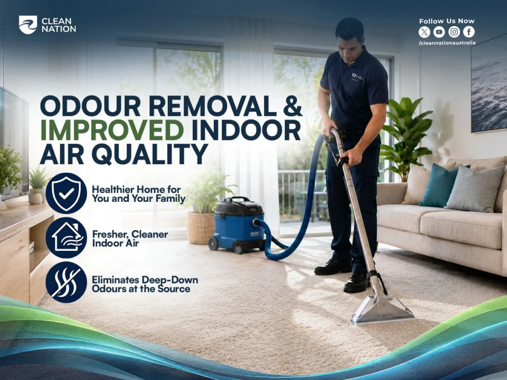 Wondering What Results Can You Expect From the Best Carpet Cleaning Service? This image shows a professional technician deep cleaning a carpet to remove stubborn odours, improve indoor air quality, and leave the home fresher and healthier.