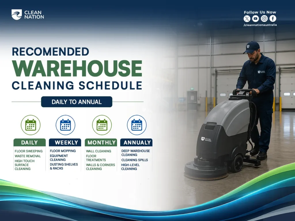 A warehouse cleaner operates an industrial floor scrubber beside a recommended warehouse cleaning schedule outlining daily, weekly, monthly, and annual cleaning tasks, illustrating How Often Should Warehouses Be Professionally Cleaned? to maintain a safe, clean, and efficient warehouse.