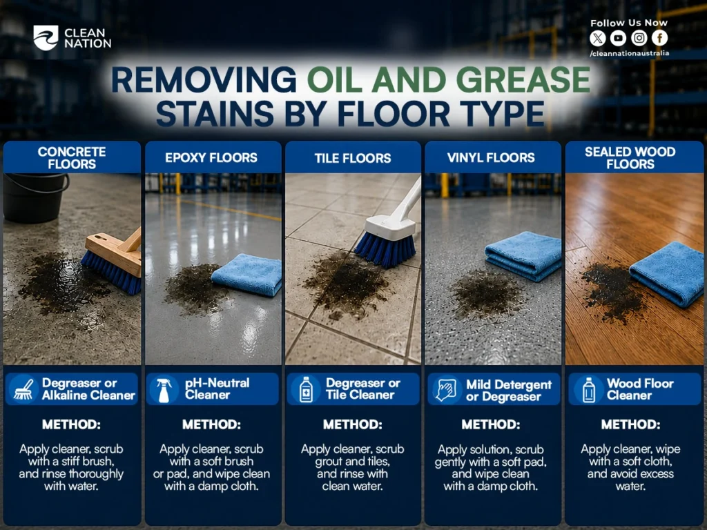 An infographic showing How to Remove Grease and Oil Stains From Factory Floors? with recommended cleaning methods for concrete, epoxy, tile, vinyl, and sealed wood factory floors using the appropriate cleaners and tools