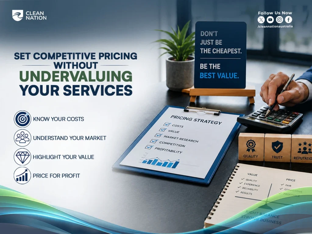 Clean Nation pricing strategy graphic showing a business professional using a calculator beside a pricing checklist, with reminders to know costs, understand the market, highlight value, and price for profit. The image supports "How to Get Commercial Window Cleaning Contracts?" by emphasizing competitive pricing without undervaluing your services.