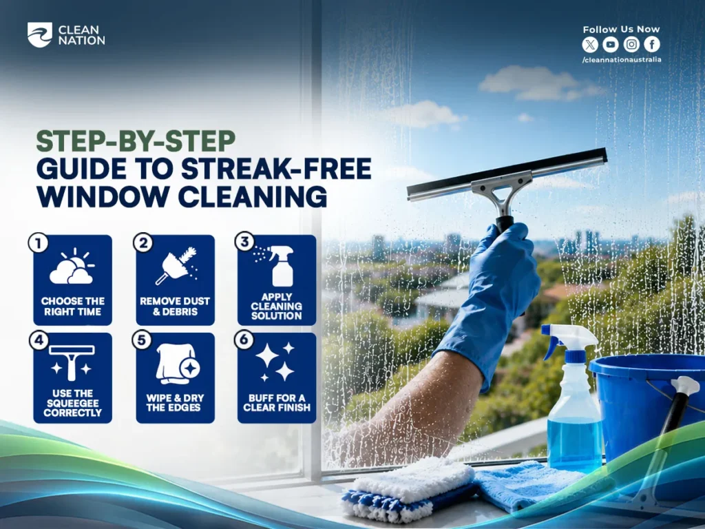 Step-by-step infographic showing the process of streak-free window cleaning, from removing dust to using a squeegee and buffing the glass, answering How Do You Clean Windows Streak Free? with easy-to-follow cleaning techniques.