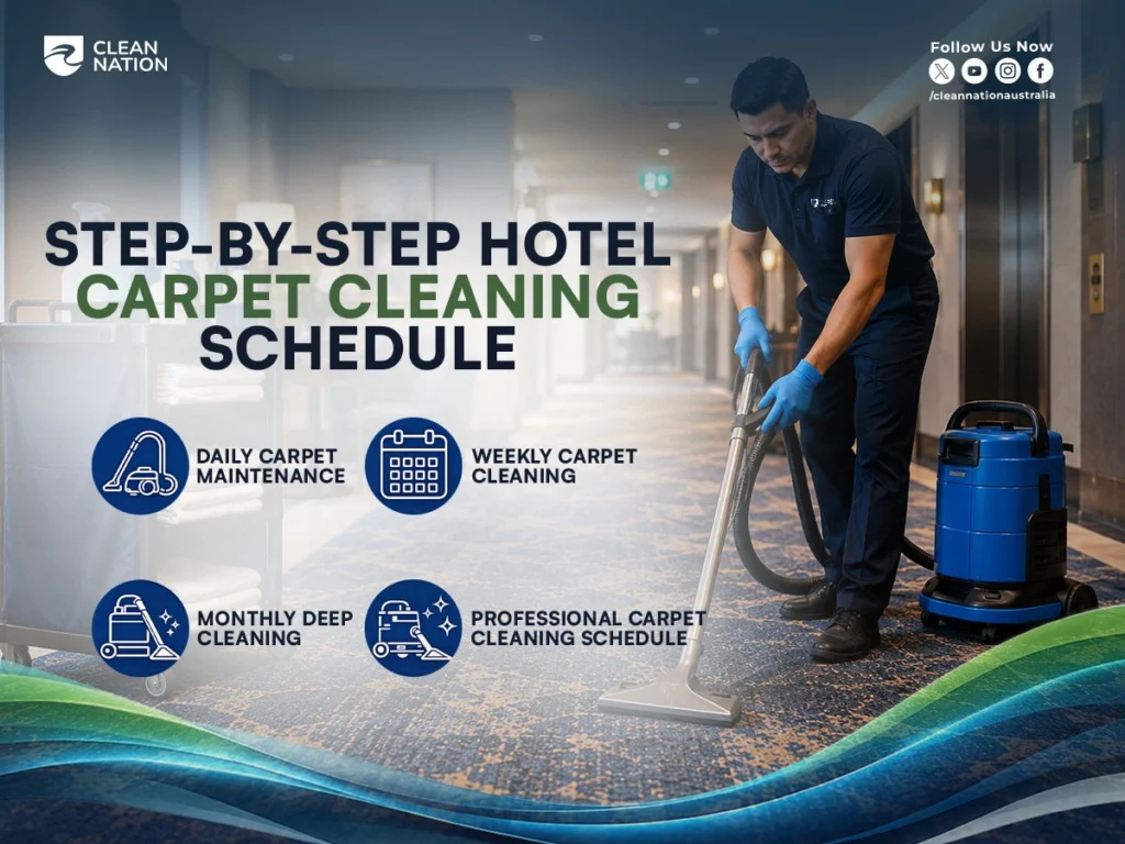 How Often Are Hotel Carpets Cleaned? Step-by-step hotel carpet cleaning schedule showing daily maintenance, weekly cleaning, monthly deep cleaning, and professional carpet cleaning while a cleaner vacuums a hotel hallway carpet.